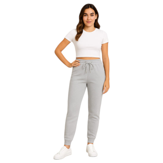 Women’s grey high-waisted joggers with drawstring waist and cuffed ankles – soft loungewear trousers