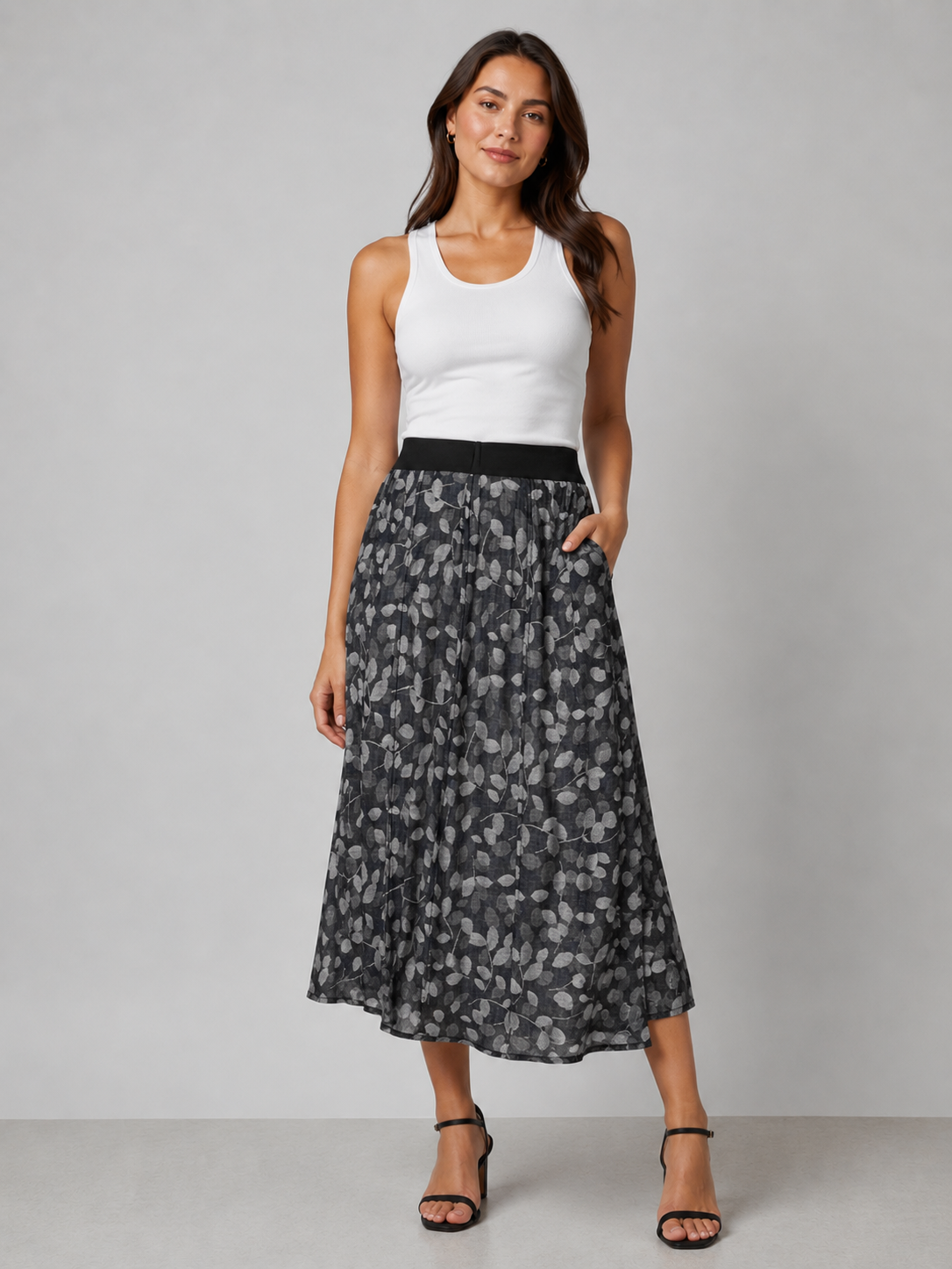 Ladies' black and grey floral midi skirt with elastic waistband – lightweight flowy skirt for casual or smart wear
