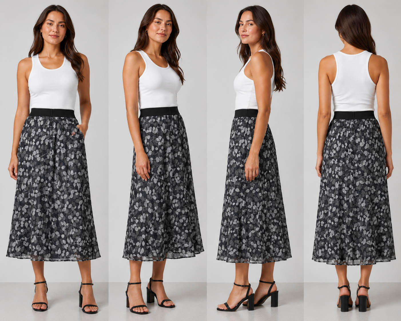 Ladies' black and grey floral midi skirt with elastic waistband – lightweight flowy skirt for casual or smart wear