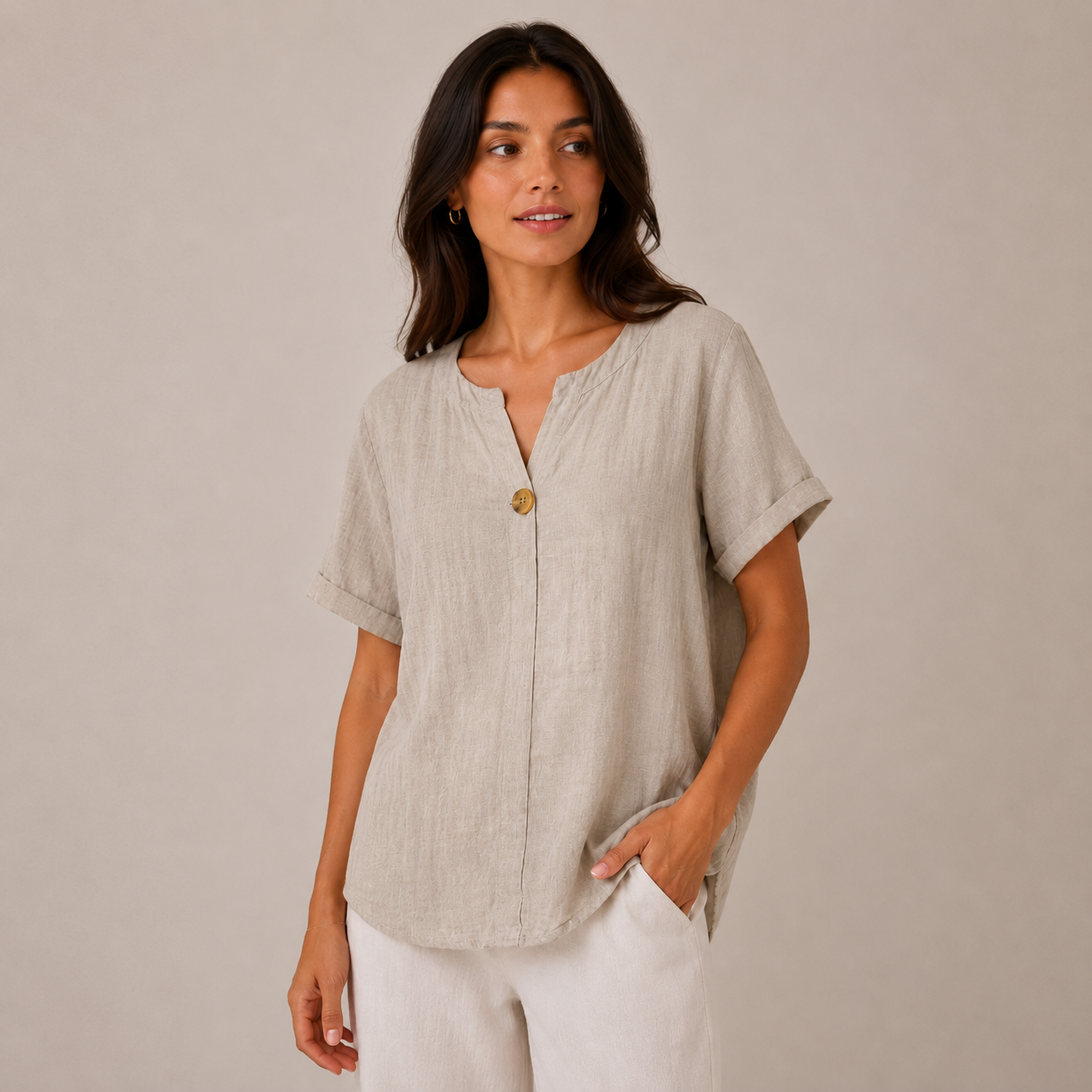 Ladies Italian 100% Cotton Blouse Top with Button Detail in Beige. One size fits women's UK 10 to 16