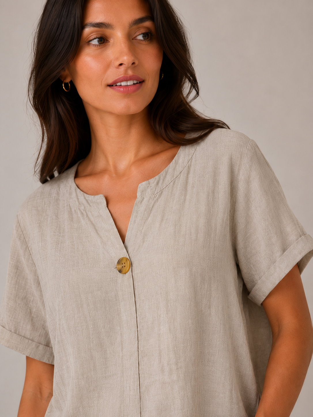Ladies Italian 100% Cotton Blouse Top with Button Detail in Beige. One size fits women's UK 10 to 16