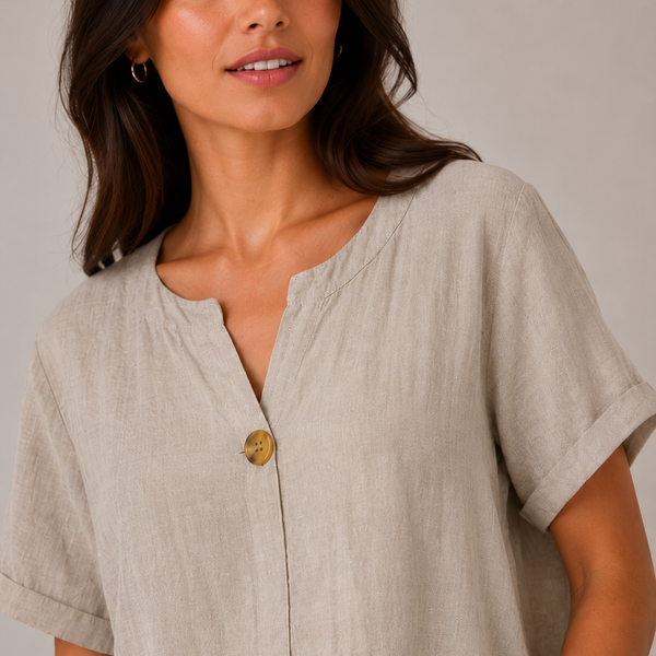 Ladies Italian 100% Cotton Button Detail Top (Beige)