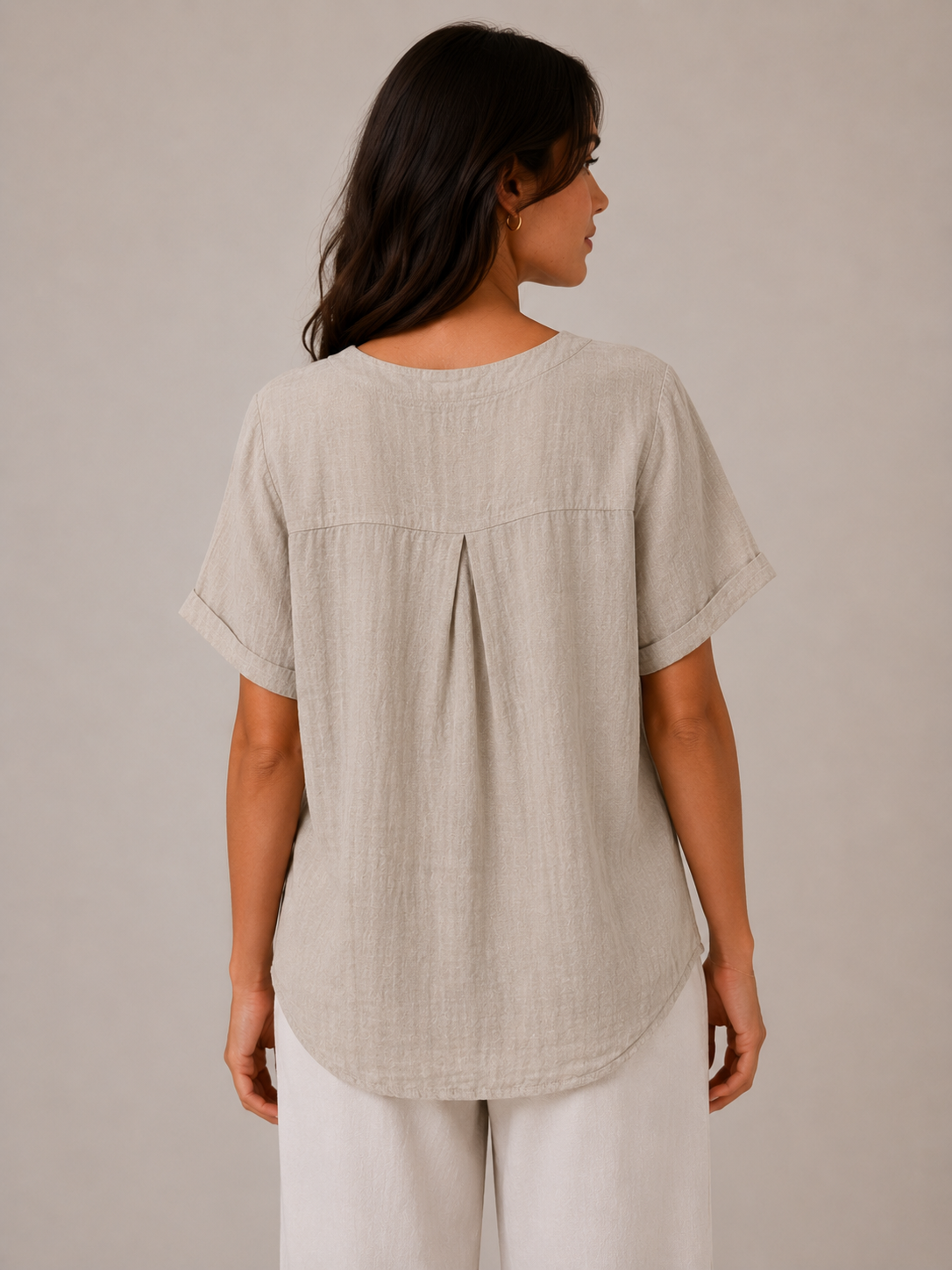 Ladies Italian 100% Cotton Blouse Top with Button Detail in Beige. One size fits women's UK 10 to 16