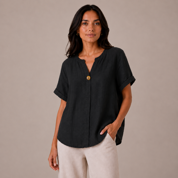 Ladies Italian 100% Cotton Button Detail Top (Black)