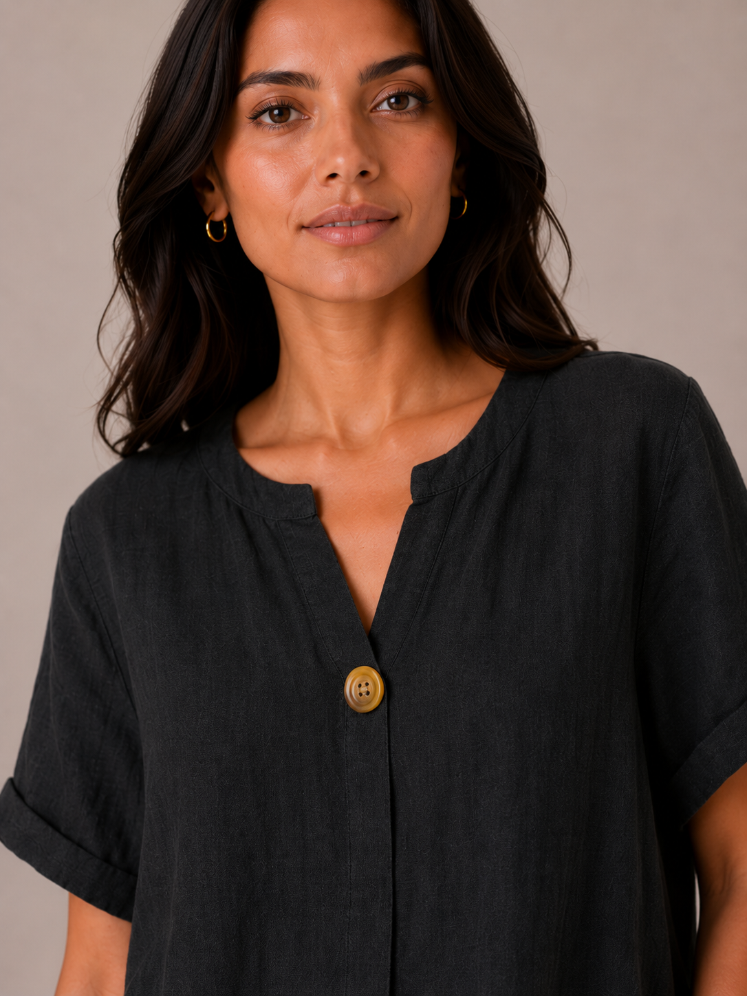 Ladies Italian 100% Cotton Blouse Top with Button Detail in Black. One size fits women's UK 10 to 16