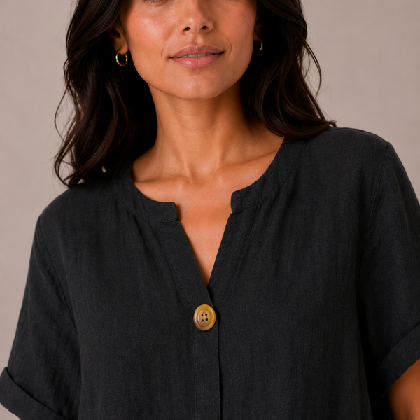Ladies Italian 100% Cotton Button Detail Top (Black)