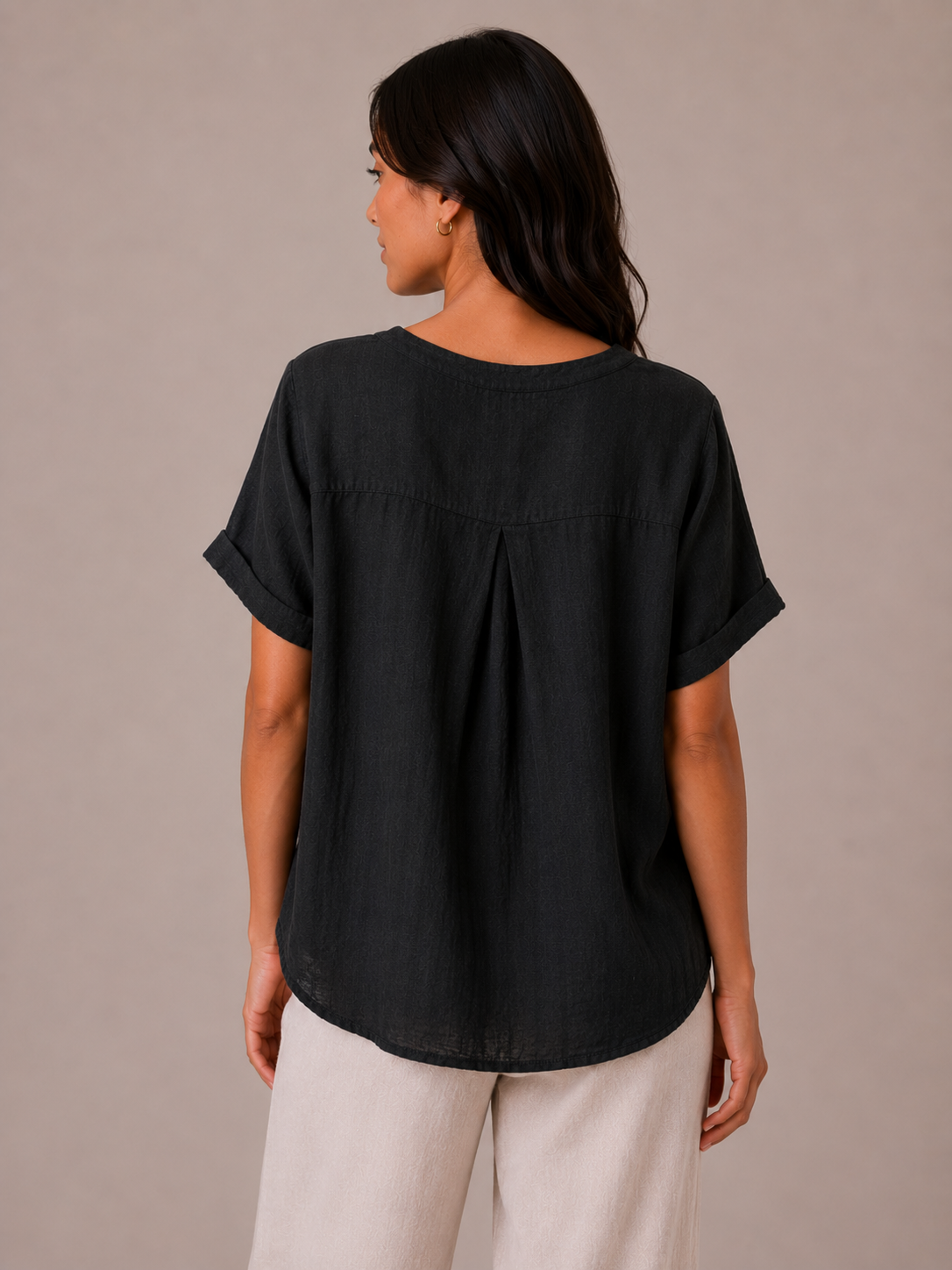 Ladies Italian 100% Cotton Blouse Top with Button Detail in Black. One size fits women's UK 10 to 16