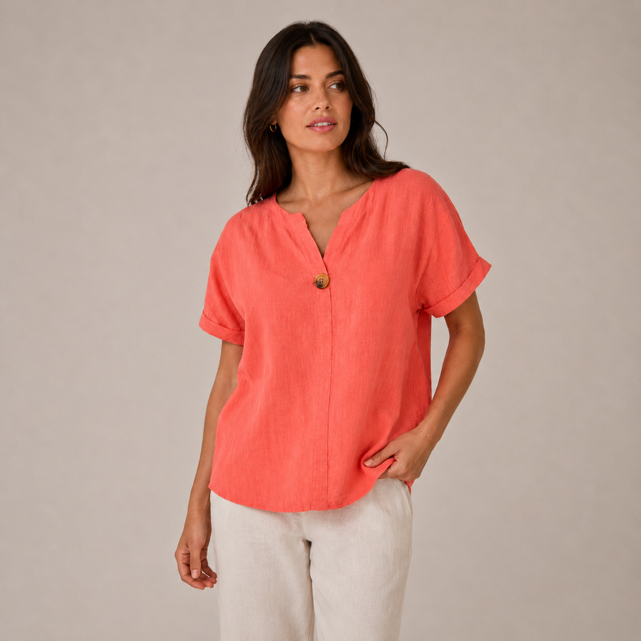 Ladies Italian 100% Cotton Blouse Top with Button Detail in Coral. One size fits women's UK 10 to 16