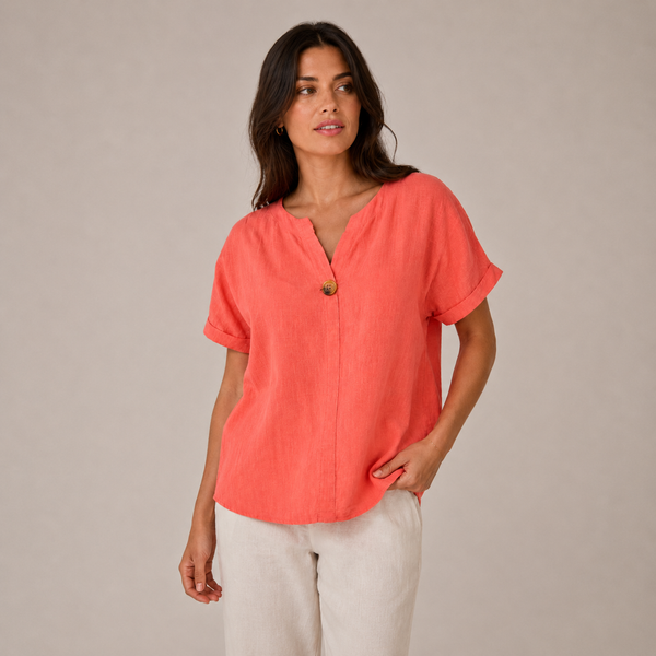 Ladies Italian 100% Cotton Button Detail Top (Coral)