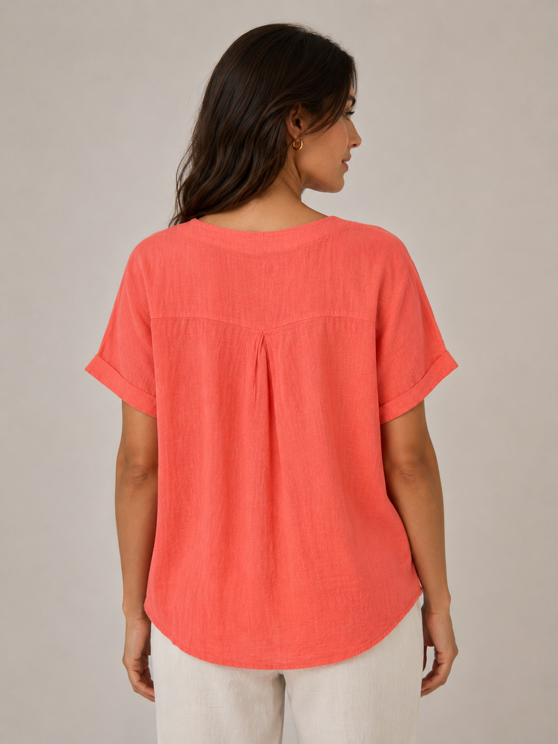 Ladies Italian 100% Cotton Blouse Top with Button Detail in Coral. One size fits women's UK 10 to 16