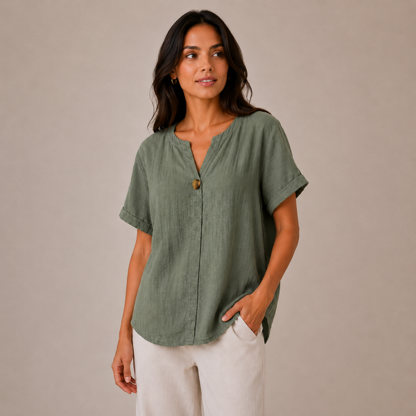 Ladies Italian 100% Cotton Button Detail Top (Khaki)