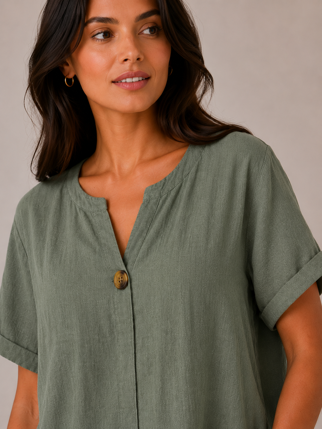 Ladies Italian 100% Cotton Blouse Top with Button Detail in Khaki Green. One size fits women's UK 10 to 16