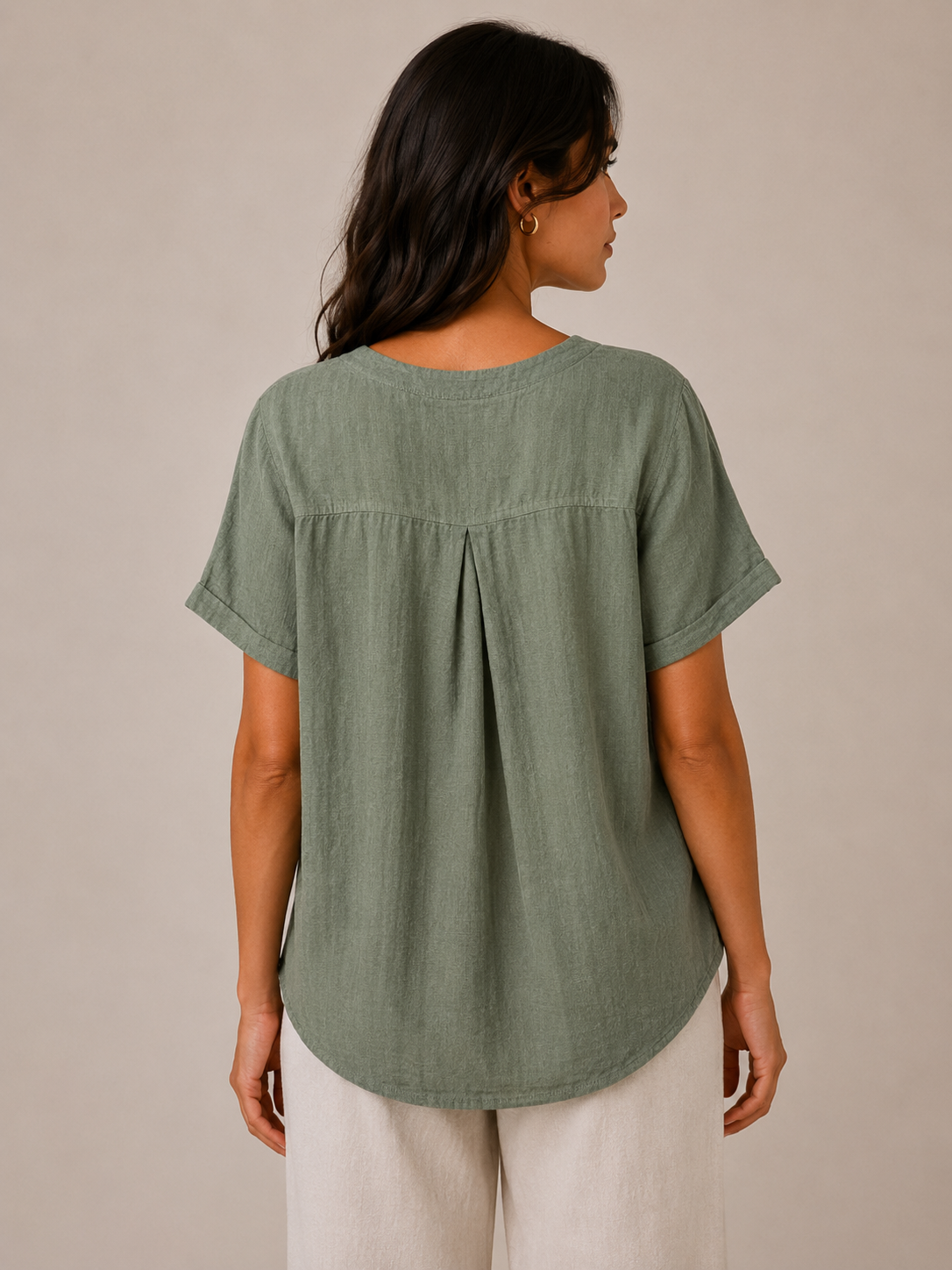 Ladies Italian 100% Cotton Blouse Top with Button Detail in Khaki Green. One size fits women's UK 10 to 16
