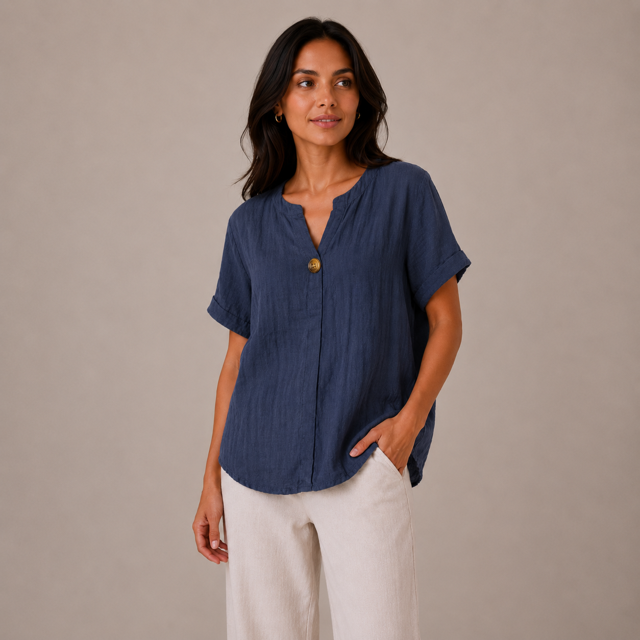 Ladies Italian 100% Cotton Blouse Top with Button Detail in Navy. One size fits women's UK 10 to 16