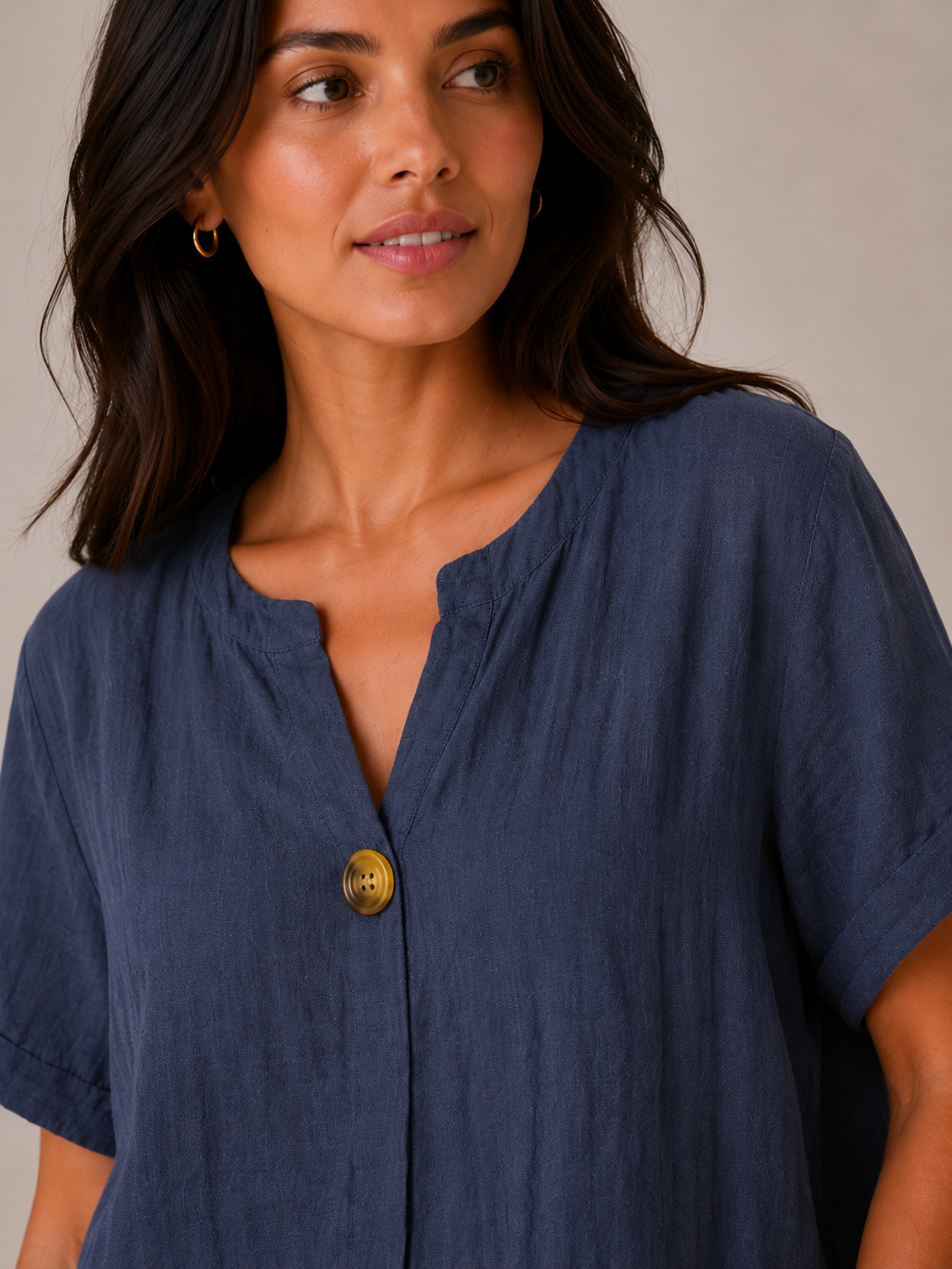 Ladies Italian 100% Cotton Blouse Top with Button Detail in Navy. One size fits women's UK 10 to 16