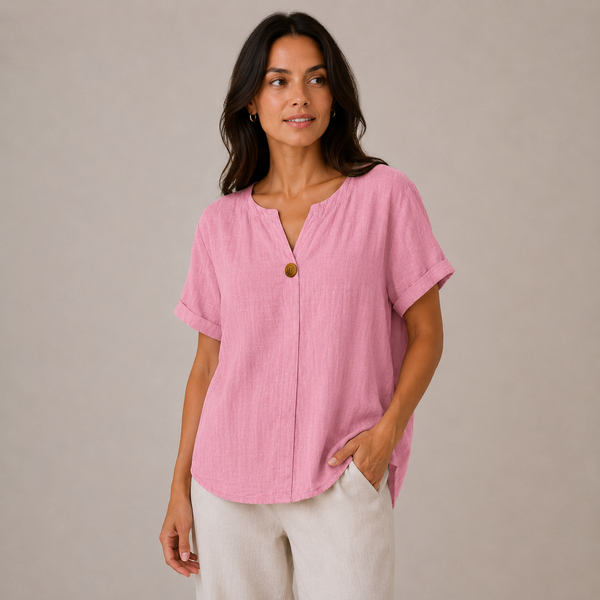 Ladies Italian 100% Cotton Button Detail Top (Pink)
