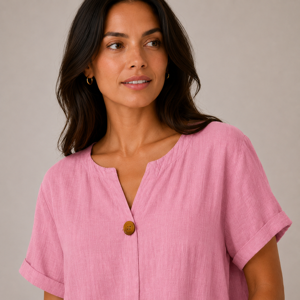 Ladies Italian 100% Cotton Button Detail Top (Pink)