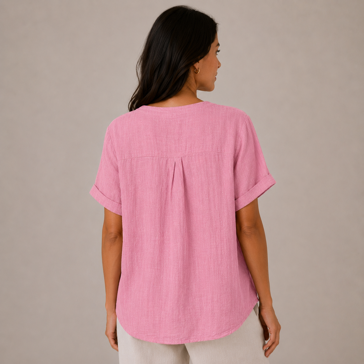 Ladies Italian 100% Cotton Blouse Top with Button Detail in Pink. One size fits women's UK 10 to 16