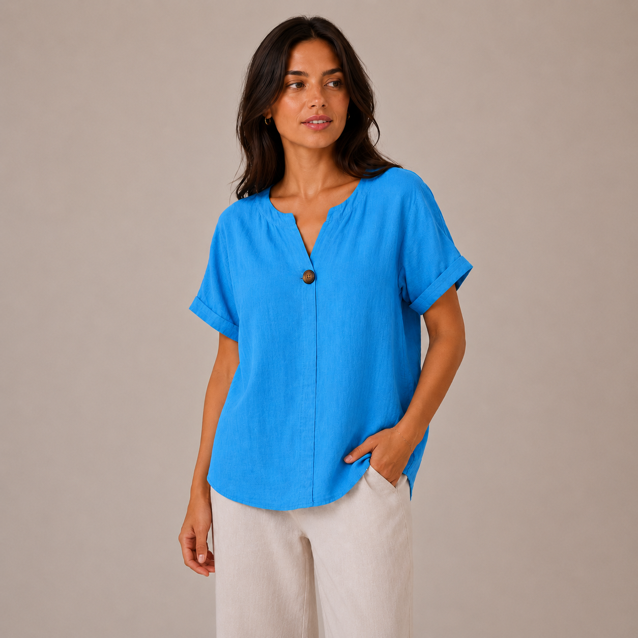 Ladies Italian 100% Cotton Blouse Top with Button Detail in Sky Blue. One size fits women's UK 10 to 16