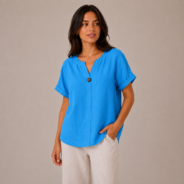 Ladies Italian 100% Cotton Button Detail Top (Sky Blue)