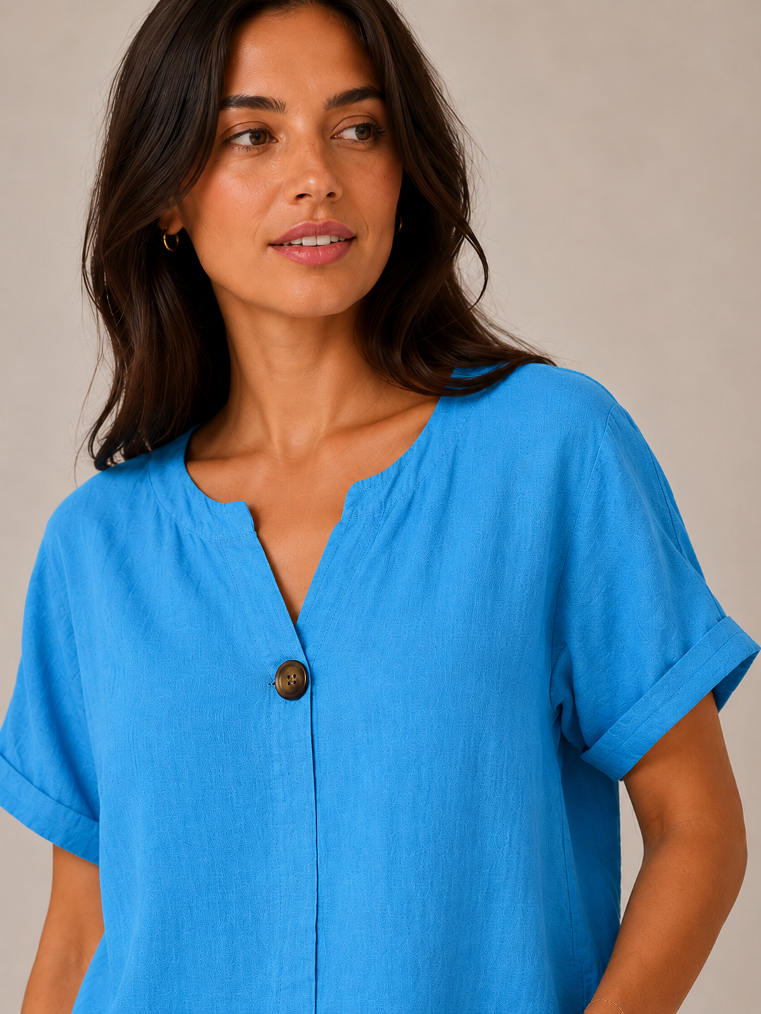 Ladies Italian 100% Cotton Blouse Top with Button Detail in Sky Blue. One size fits women's UK 10 to 16