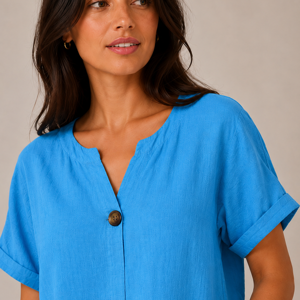 Ladies Italian 100% Cotton Button Detail Top (Sky Blue)