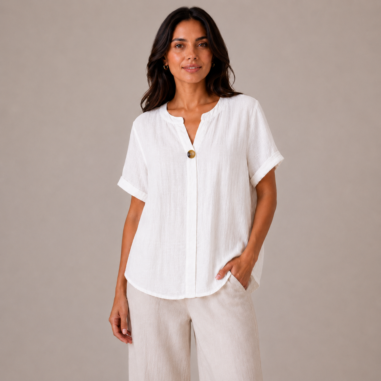 Ladies Italian 100% Cotton Blouse Top with Button Detail in White. One size fits women's UK 10 to 16