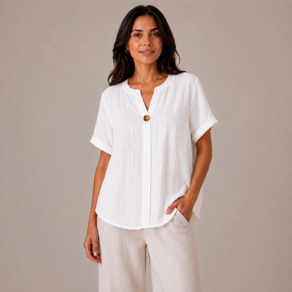 Ladies Italian 100% Cotton Button Detail Top (White)