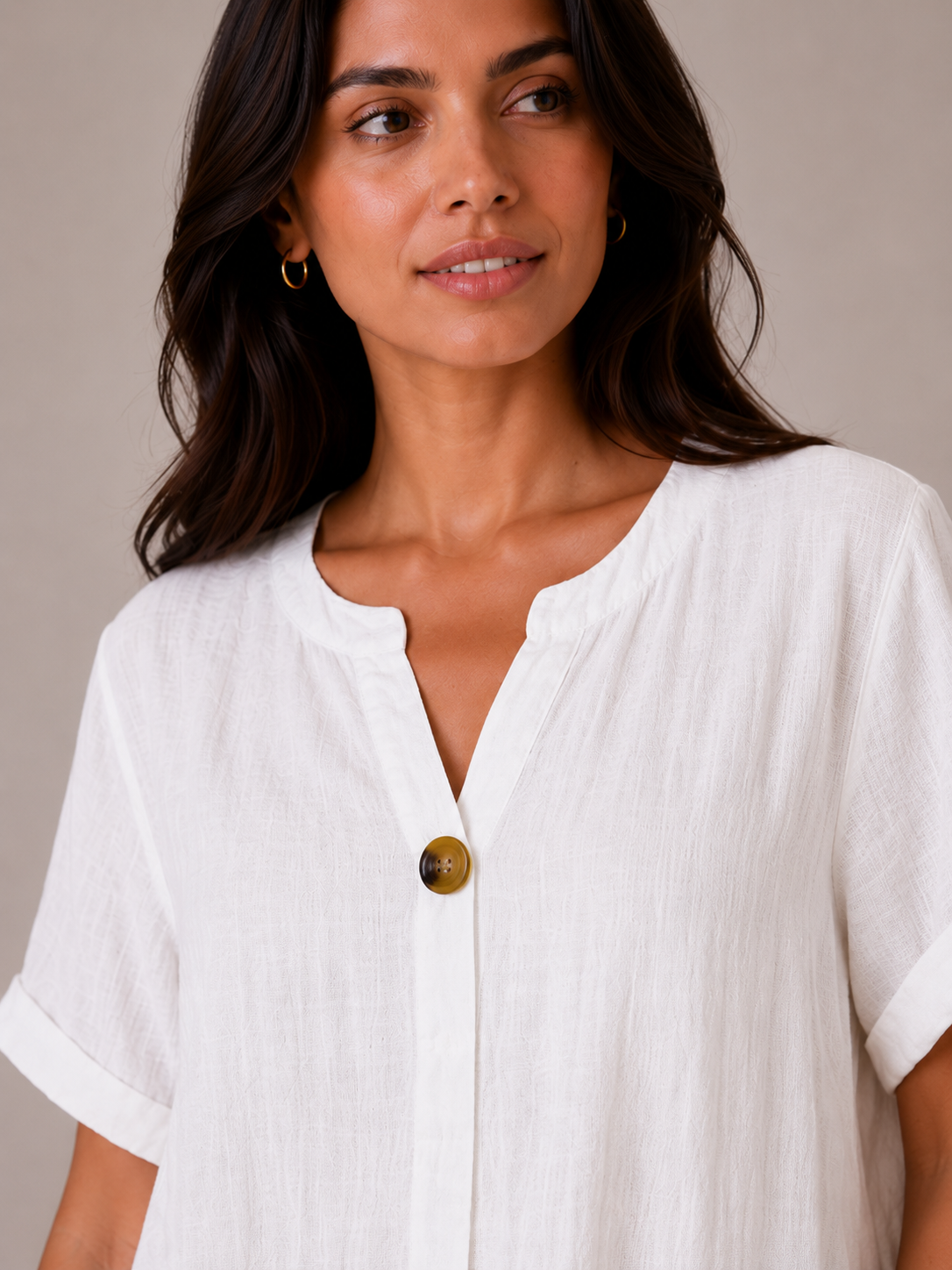 Ladies Italian 100% Cotton Blouse Top with Button Detail in White. One size fits women's UK 10 to 16