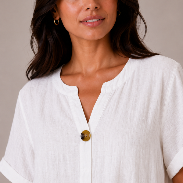 Ladies Italian 100% Cotton Button Detail Top (White)