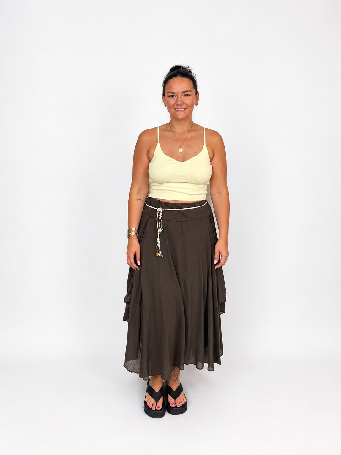 Ladies Italian boho maxi skirt in Brown  with an asymmetric hem, elasticated drawstring waistband and flowing relaxed fit