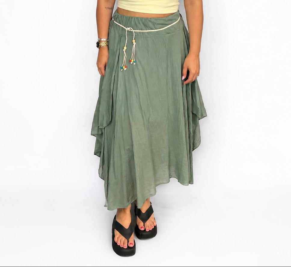 Ladies Italian boho maxi skirt in Khaki with an asymmetric hem, elasticated drawstring waistband and flowing relaxed fit.