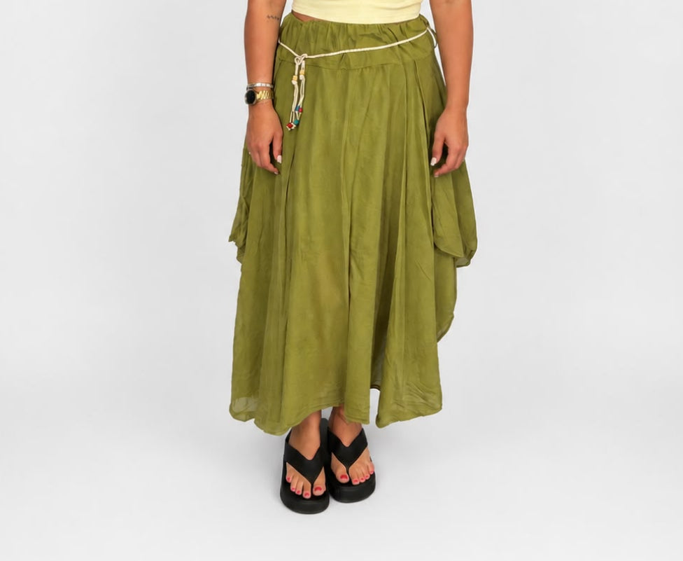 Ladies Italian boho maxi skirt in Lime Green with an asymmetric hem, elasticated drawstring waistband and flowing relaxed fit.
