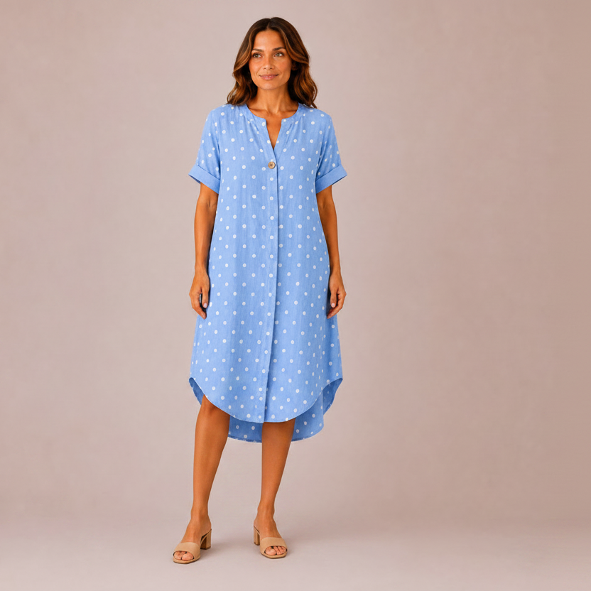 Women's Made in Italy 100% Cotton Sky Blue Polka Dot Long Top with Wooden Button Detail and Rolled Short Sleeves