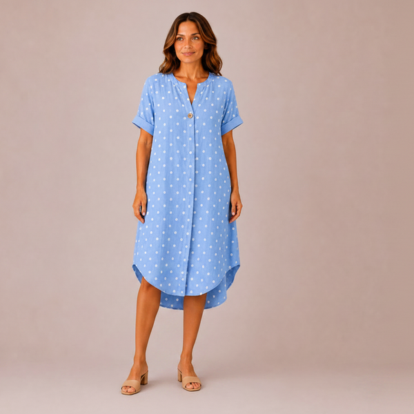 Ladies Italian Button Front Long Polka Dot Top (Sky Blue)
