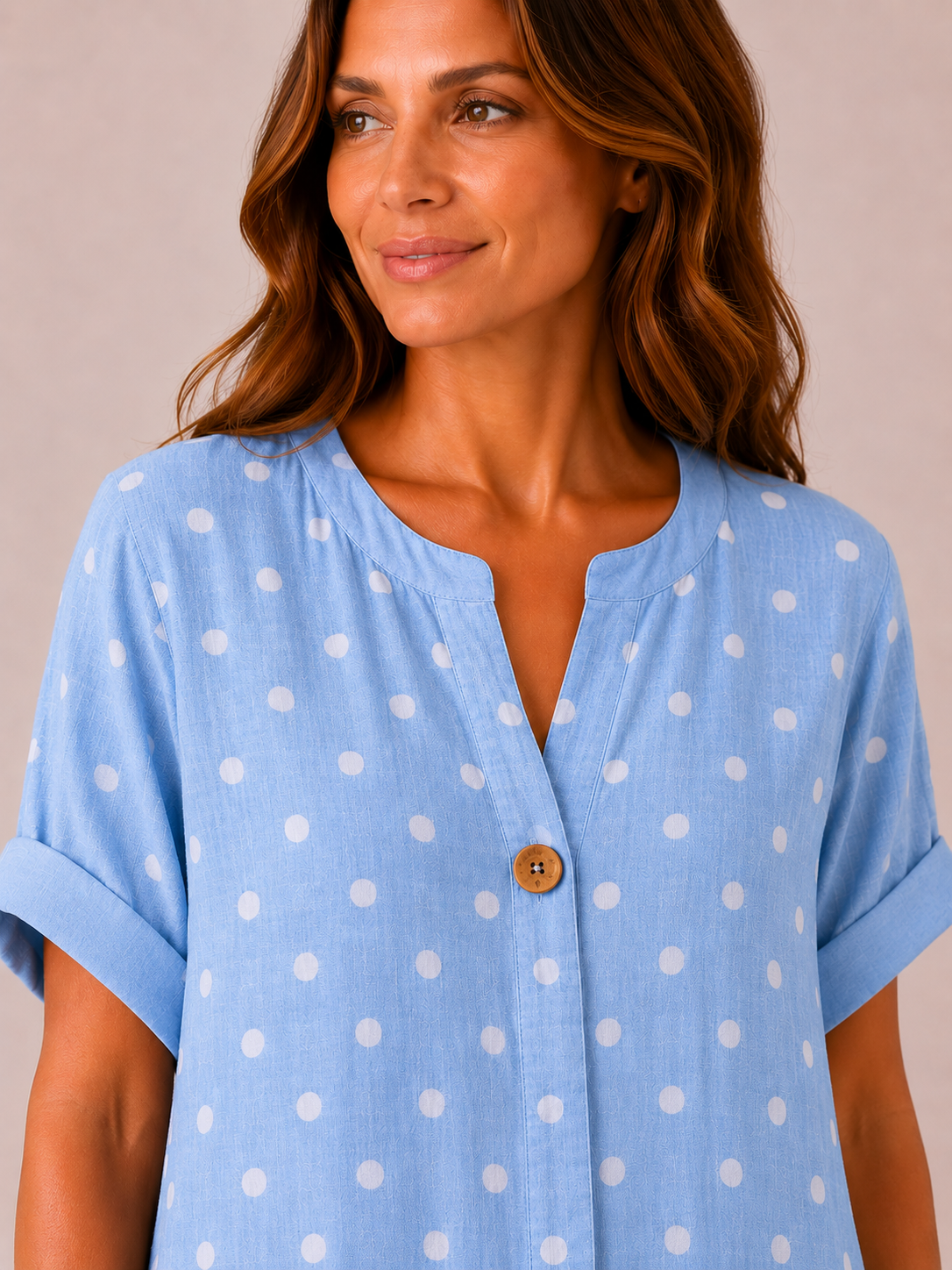 Women's Made in Italy 100% Cotton Sky Blue Polka Dot Long Top with Wooden Button Detail and Rolled Short Sleeves