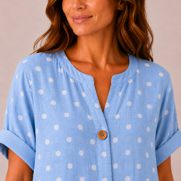 Ladies Italian Button Front Long Polka Dot Top (Sky Blue)