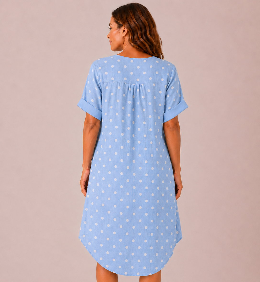 Women's Made in Italy 100% Cotton Sky Blue Polka Dot Long Top with Wooden Button Detail and Rolled Short Sleeves