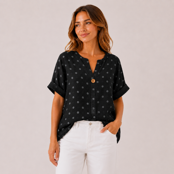 Ladies Italian Button Front Cotton Polka Dot Top (Black)