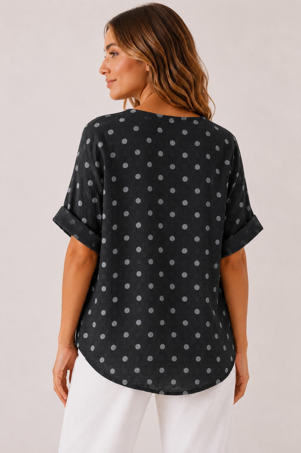 Women's Made in Italy 100% Cotton Black Polka Dot Top with Wooden Button Detail and Rolled Short Sleeves