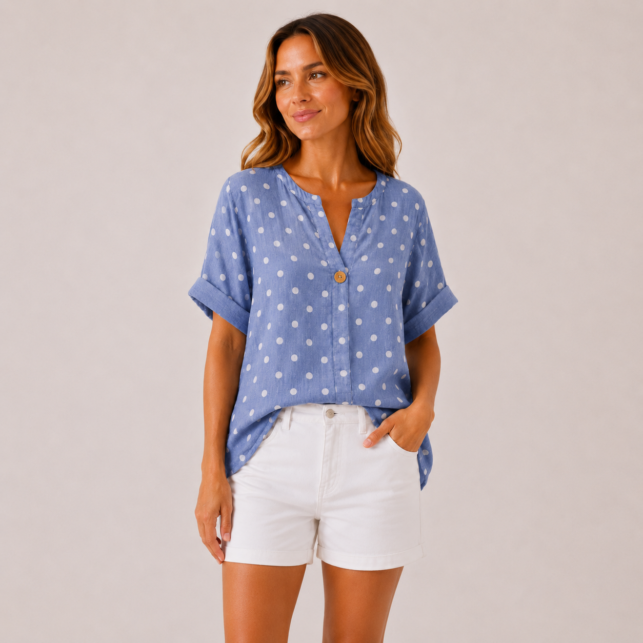 Women's Made in Italy 100% Cotton Denim Blue Polka Dot Top with Wooden Button Detail and Rolled Short Sleeves