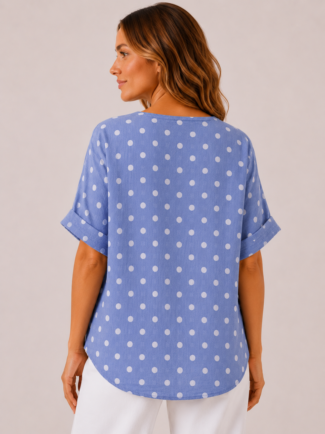 Women's Made in Italy 100% Cotton Denim Blue Polka Dot Top with Wooden Button Detail and Rolled Short Sleeves