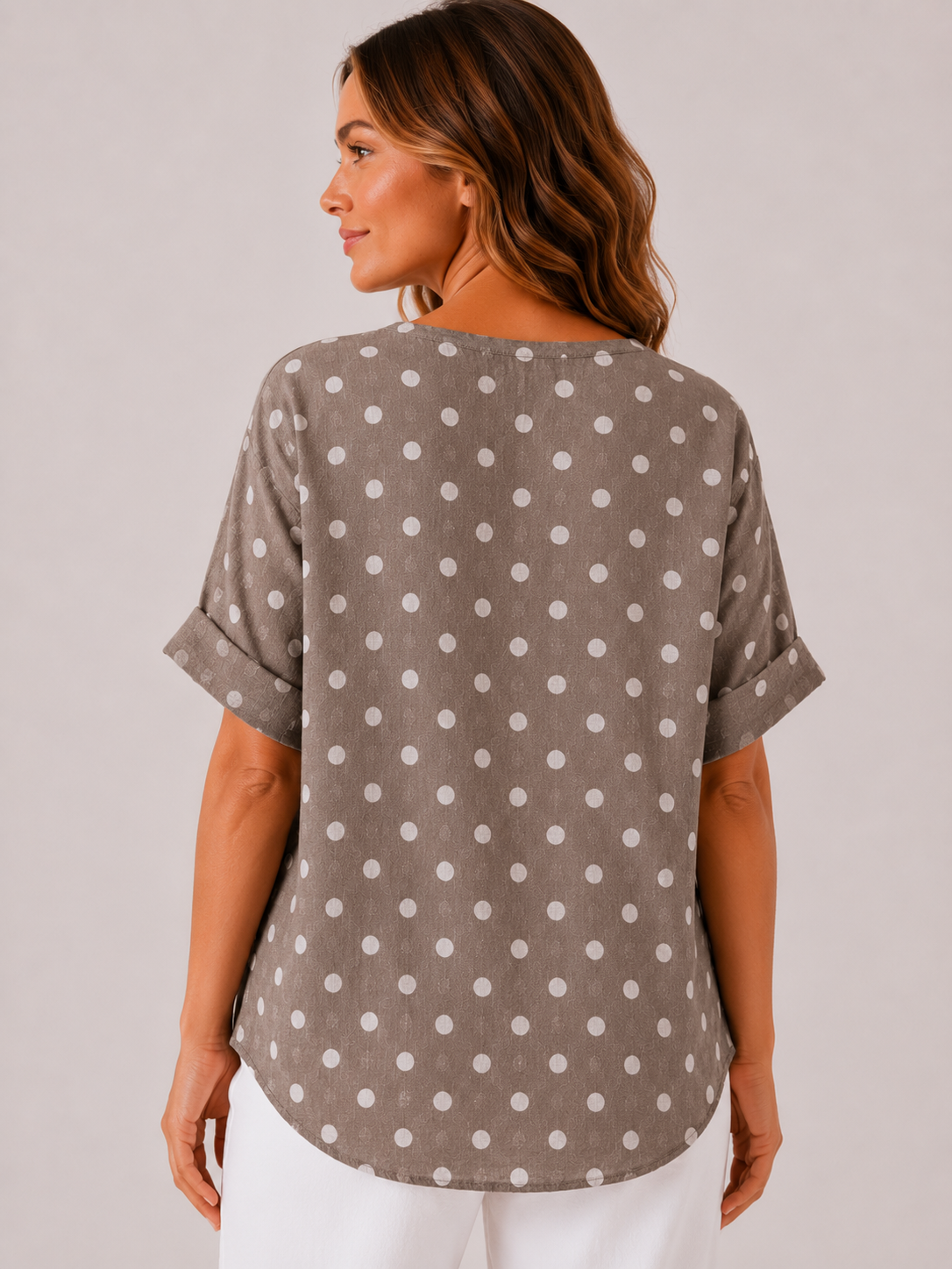 Women's Made in Italy 100% Cotton Mocha Polka Dot Top with Wooden Button Detail and Rolled Short Sleeves
