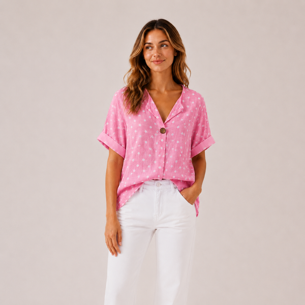 Ladies Italian Button Front Cotton Polka Dot Top (Pink)