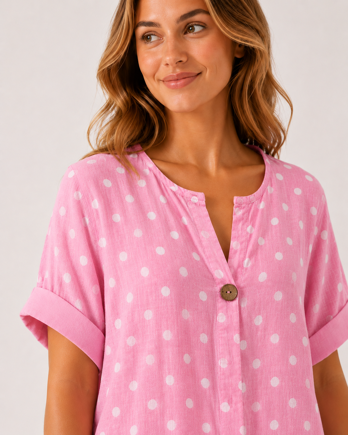 Women's Made in Italy 100% Cotton Pink Polka Dot Top with Wooden Button Detail and Rolled Short Sleeves