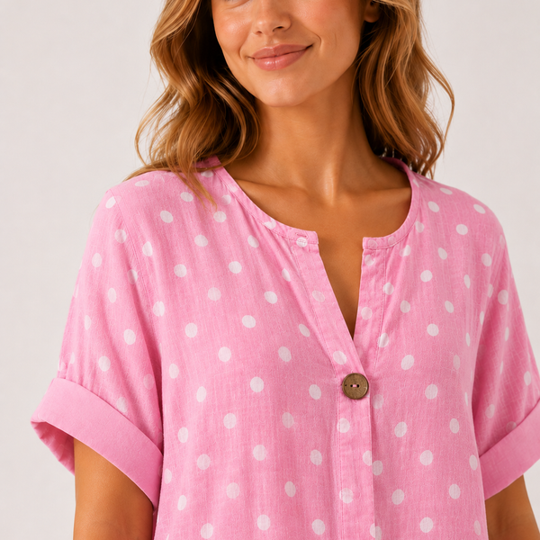 Ladies Italian Button Front Cotton Polka Dot Top (Pink)