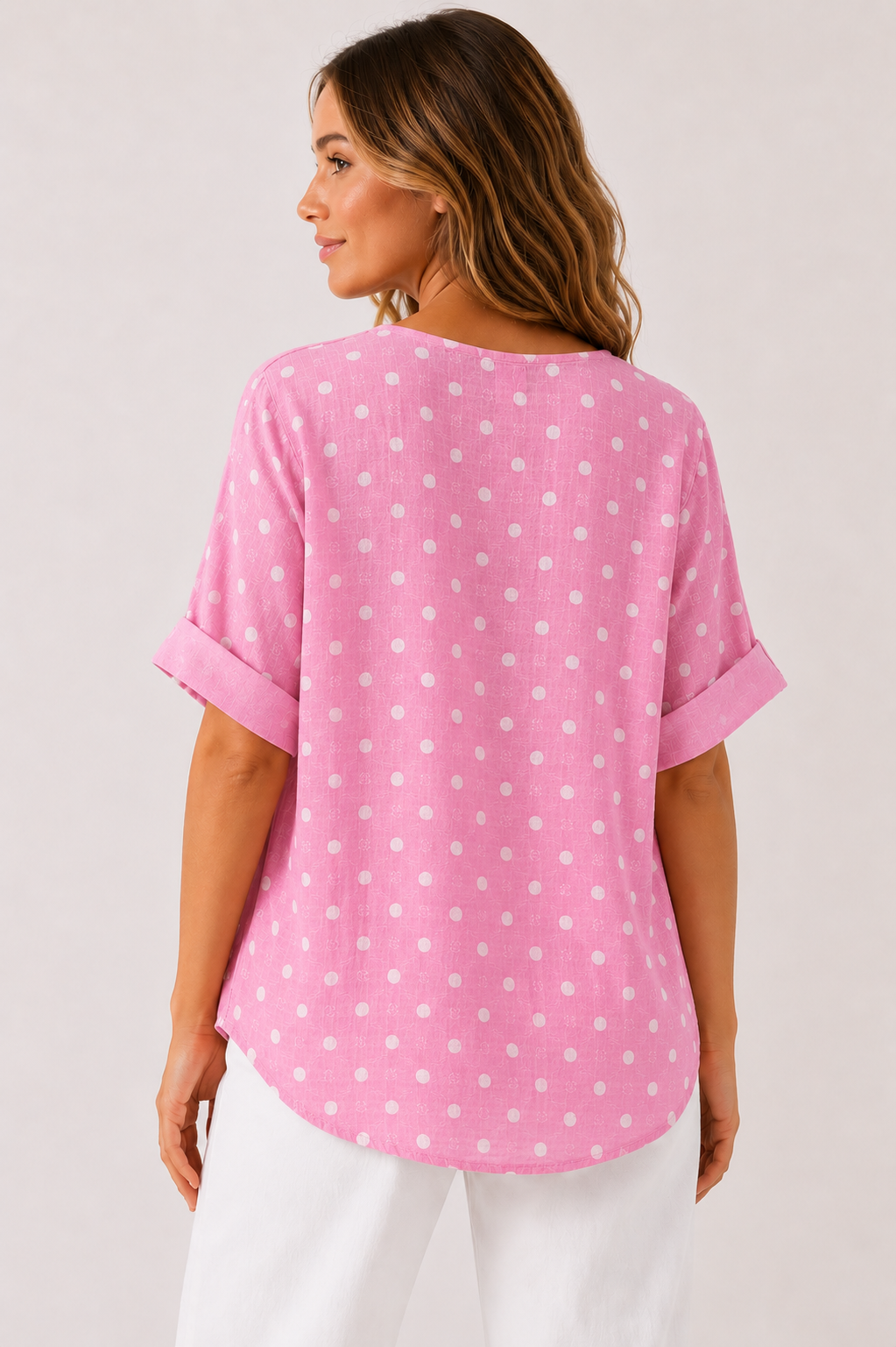 Women's Made in Italy 100% Cotton Pink Polka Dot Top with Wooden Button Detail and Rolled Short Sleeves