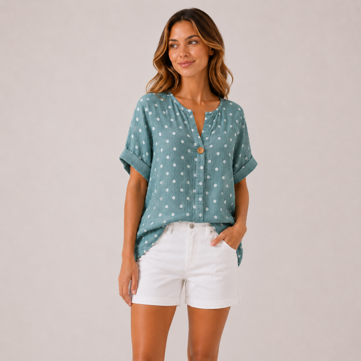 Women's Made in Italy 100% Cotton Sage Green Polka Dot Top with Wooden Button Detail and Rolled Short Sleeves
