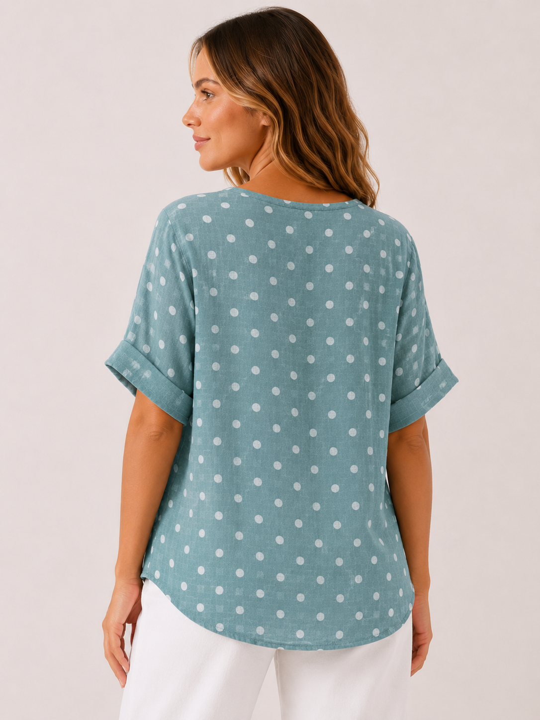 Women's Made in Italy 100% Cotton Sage Green Polka Dot Top with Wooden Button Detail and Rolled Short Sleeves