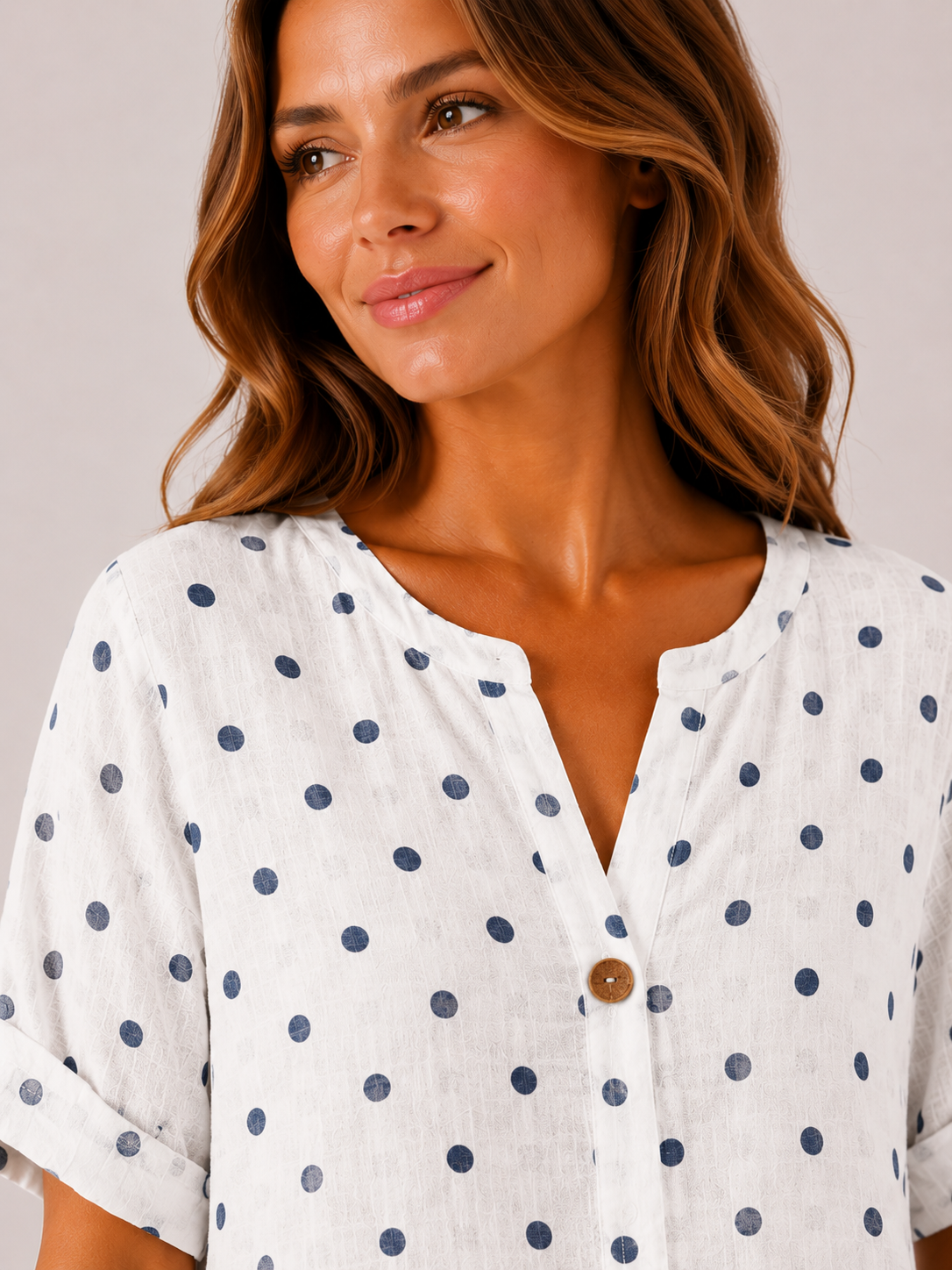 Women's Made in Italy 100% Cotton White Polka Dot Top with Wooden Button Detail and Rolled Short Sleeves